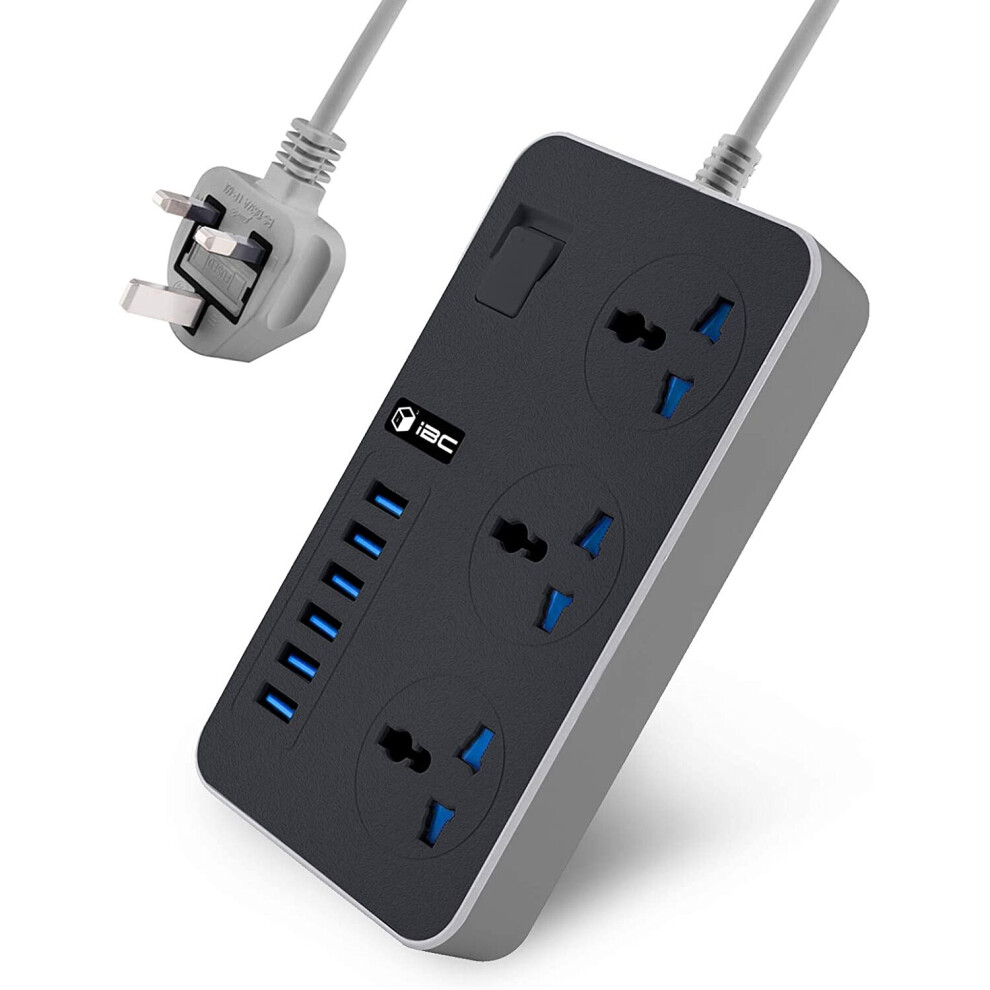 iBlockCube Universal Extension Lead Power Strips USB Wall Plug Adapter, 3 Way Cable Surge Protector, Fuse and Shutter USB Slots Socket 3 Gang Electric