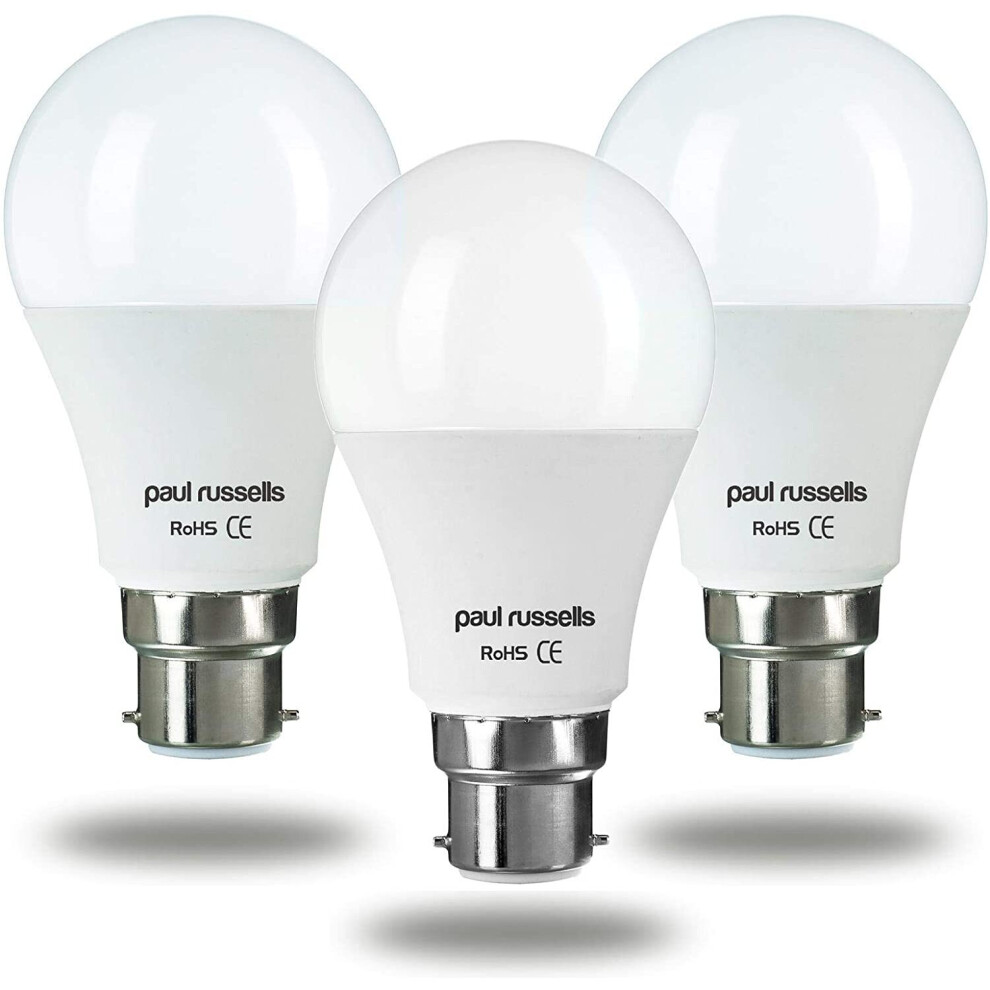 3 Pack 10Watt GLS LED Light Bulbs B22 / BC/Bayonet Cap Paul Russells Bright 10W=80W A60 Globe 270 Beam Lamp Day Light 6500K 80W Incandescent Bulbs Equ-image-OPC-P8GH9Z7-NEW