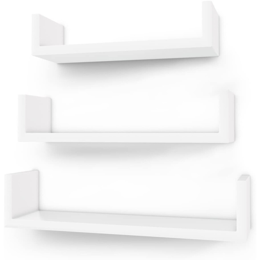 SONGMICS Set of 3 Modern Wall Shelves, Floating MDF Storage Shelving with High Gloss Finish, and Invisible Mounting, White LWS40WT