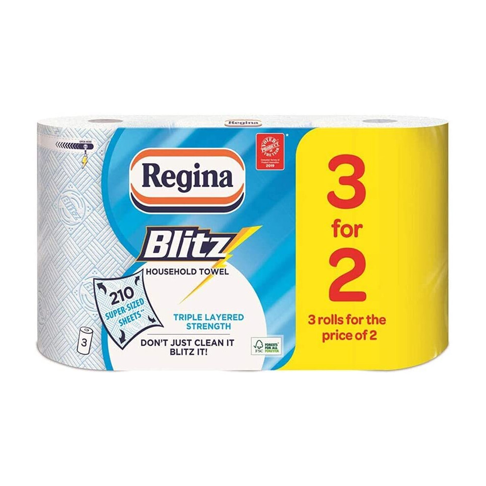 Regina Blitz Kitchen Towel Extra Large Roll 3ply Super Absorbent Paper, Pack of 3