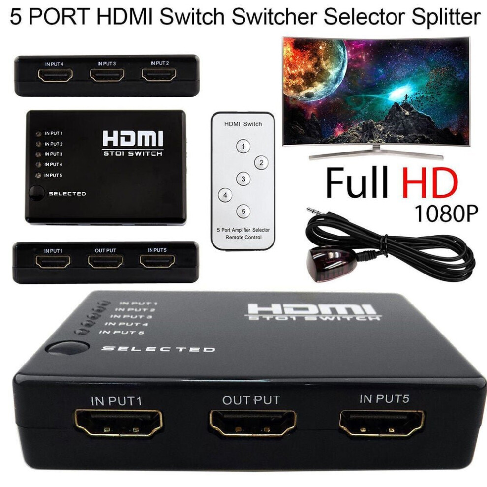 New 1080P Intelligent 5-Port HDMI Switch/Switcher Splitter Hub + IR Remote  for HDTV