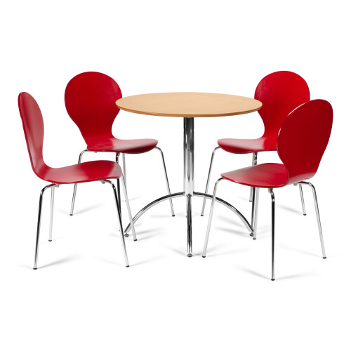 (Red) Kimberley Dining Set - Natural and Chrome Small 80cm Round Table With 4 Stacking Chairs
