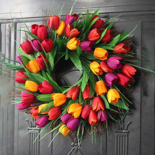 Spring Tulip Wreath - Artificial Silk Flowers, Multicolored, 38-40cm, Indoor/Outdoor Front Door Window Wall Decor UK