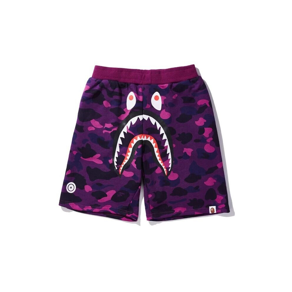 (Purple, L) Summer Leisure New Popular Logo Camouflage Shark Head Printed Shorts Youth