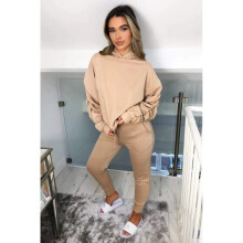 (Camel, S/M8-10) Ladies Hooded Tracksuit Set Oversize Top Ruched