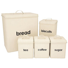 5-Piece Enamel-Coated Metal Bread Bin & Canister Set - Sugar, Coffee, Tea, Biscuits & Bread Storage