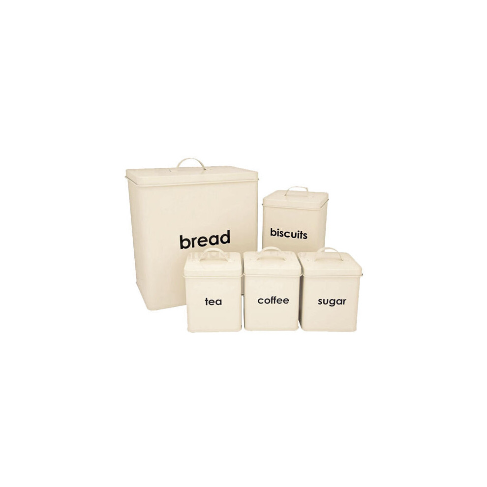 5PC PIECE METAL BREAD BIN STORAGE CANISTERS SET SUGAR COFFEE TEA ENAMEL COATED