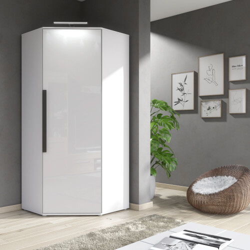 (With LED Lights) White Gloss & Matt Corner Wardrobe Closet Storage Clifton 14 LED Light