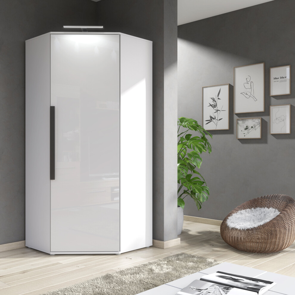 (With LED Lights) White Gloss & Matt Corner Wardrobe Closet Storage Clifton 14 LED Light