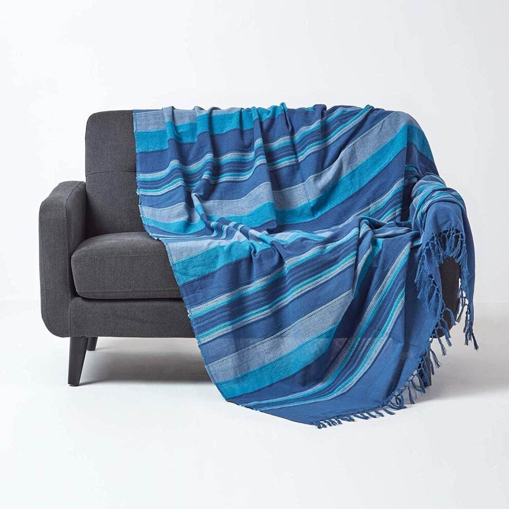 Cotton Morocco Striped Blue Throw, 225 x 255 cm