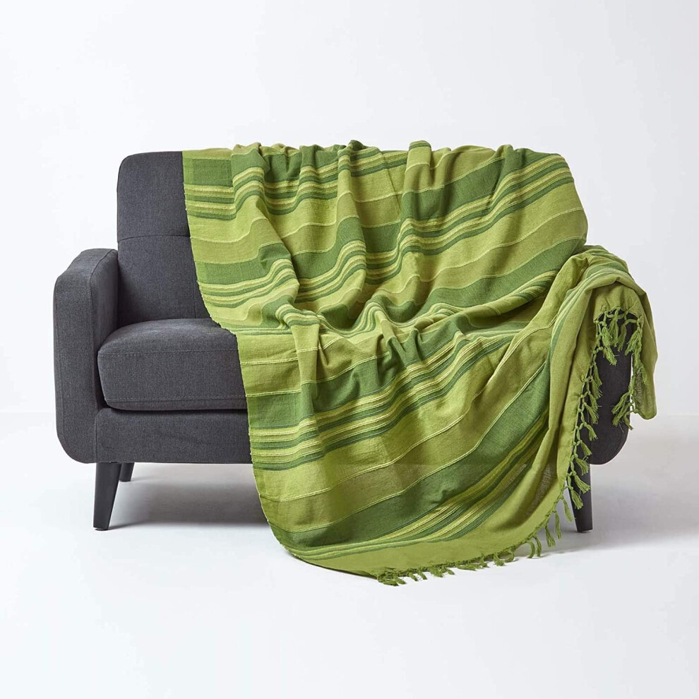 Homescapes Cotton Morocco Striped Throw, 150 X 200 Cm Green