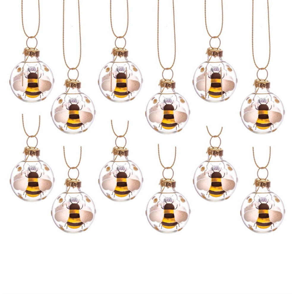 Sass & Belle 12 Mini Glass Bee Print Christmas Tree Decoration Baubles