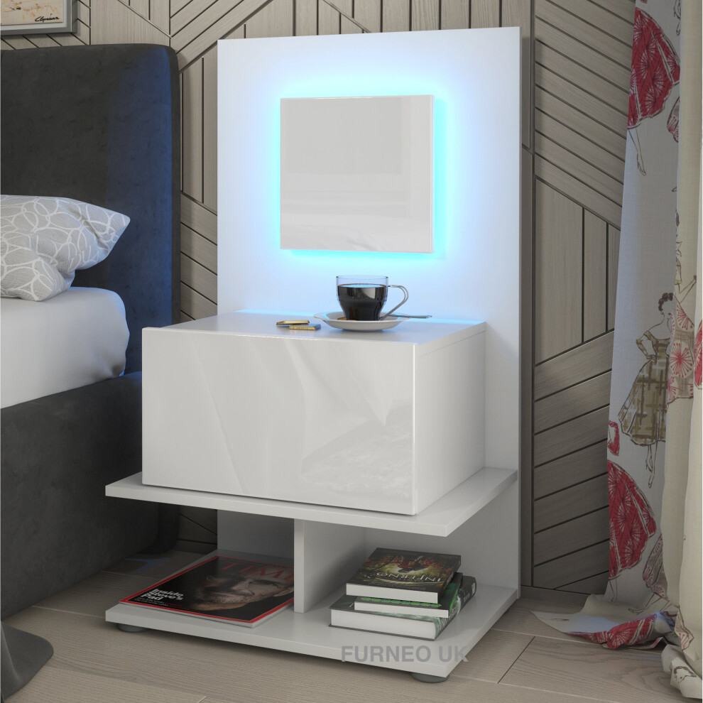 (No LED Lights) White Bedside Table Cabinet Nightstand With Drawer & Shelf Gloss & Matt Clifton16 With LED Lights