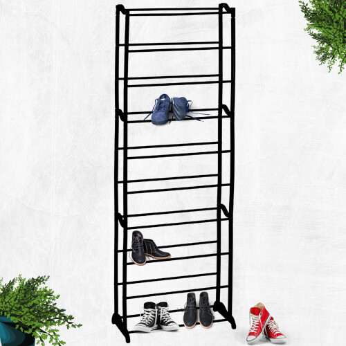 GEEZY GEEZY Shoe Rack 10 Tier Stackable Storage Rack Black Organiser Shelf Unit Space Saving