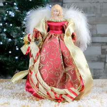 82000 The Christmas Workshop 12in Red & Gold Tree Top Angel with Feathered Wings