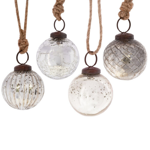 Sass & Belle 4 Silver Crackle Rustic Round Christmas Tree Decoration Bauble