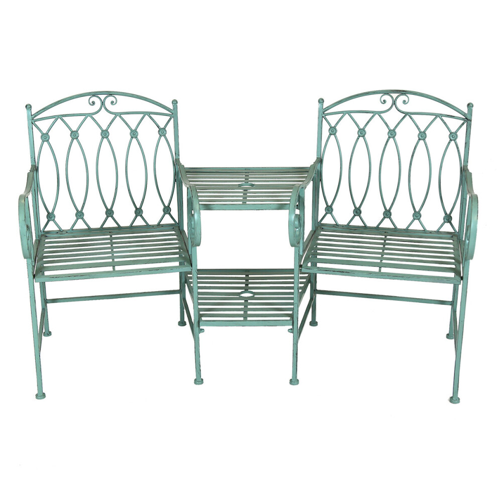 Charles Bentley Wrought Iron Rustic Outdoor Companion Seat For Two Garden With Scroll Detail And Double Level Table - Sage Green