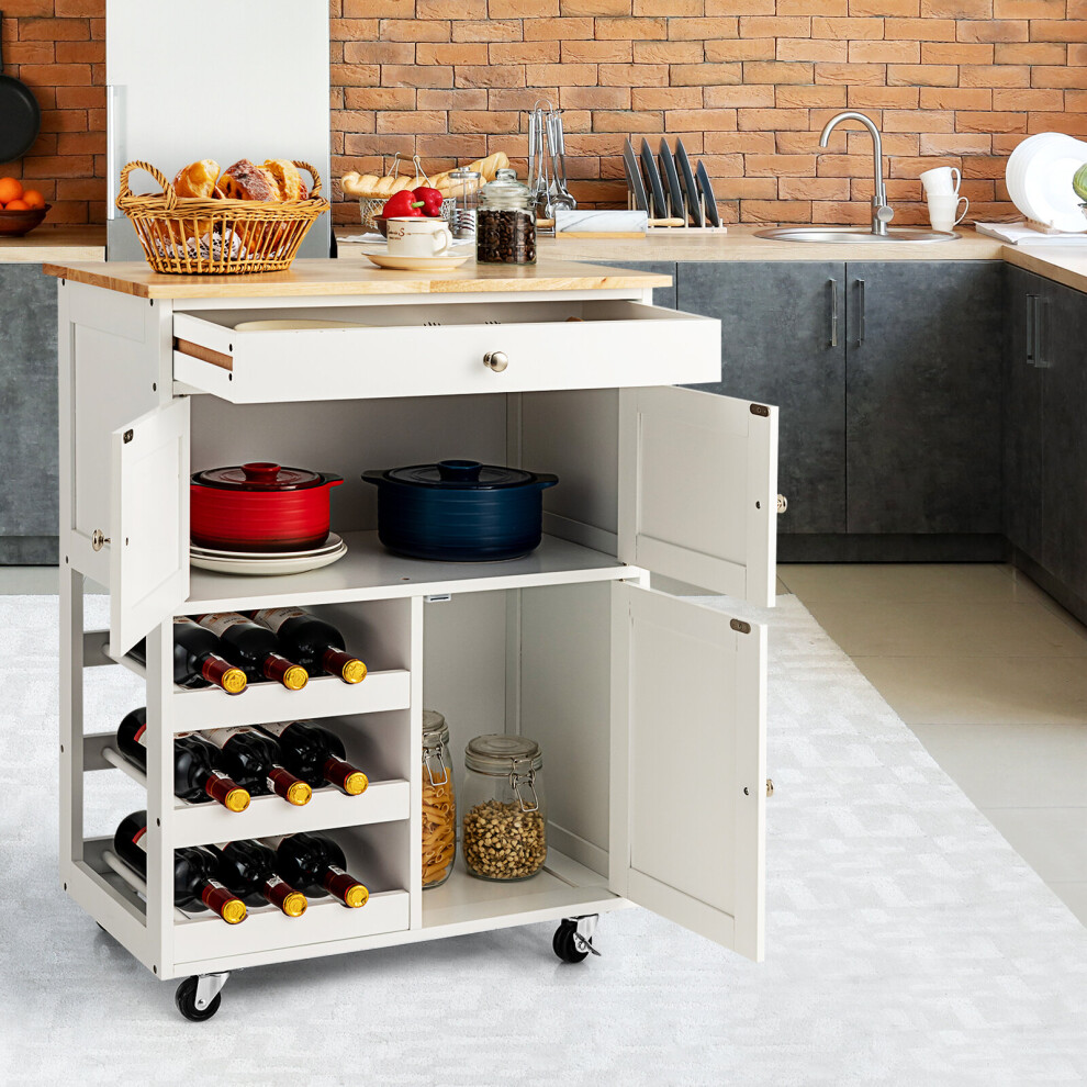 Kitchen Island Cart w/Rubber Wood Top Drawer 3 Tier Wine Racks