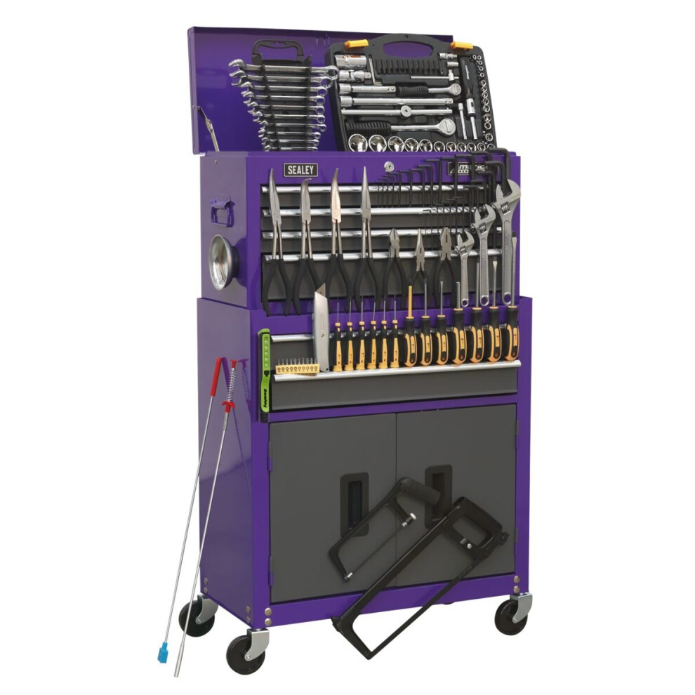 Sealey AP2200COMBOCP Topchest & Rollcab Combination 6 Drawer with Ball-Bearing Slides - Purple/Grey & 128pc Tool Kit