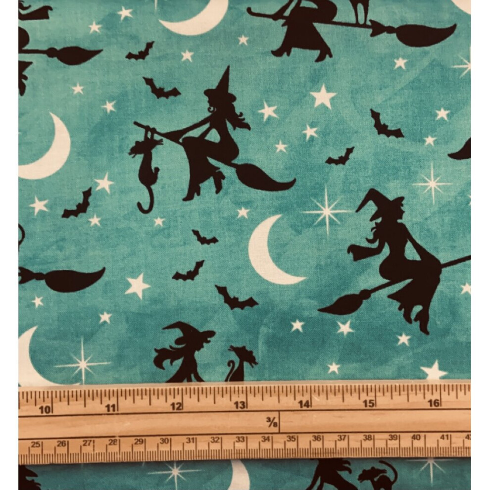 Fat Quarter Spooky Halloween Bewitched Night On Teal 100% Cotton Quilting Fabric