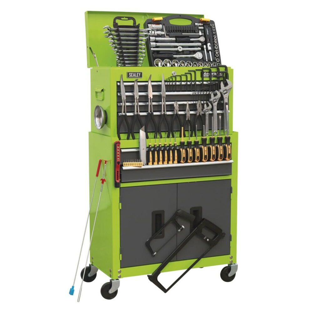 Sealey AP2200COMBOHV Topchest & Rollcab Combination 6 Drawer Ball-Bearing Slides - Hi-Vis Green/Grey & 128pc Tool Kit