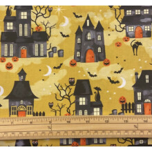 Fat Quarter Spooky Halloween Midnight Manor On Gold 100% Cotton Quilting Fabric
