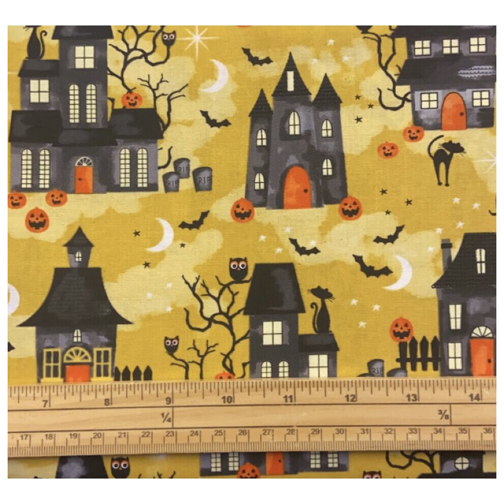 Fat Quarter Spooky Halloween Midnight Manor On Gold 100% Cotton Quilting Fabric