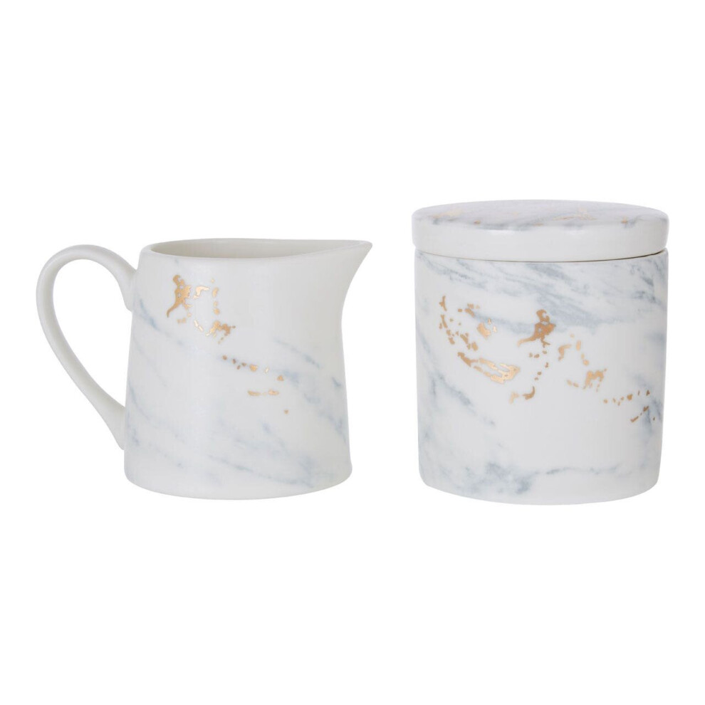 Premier Housewares Sugar Pot & Creamer Duo,Marble Patterned Porcelain Set With -Toned Detail, Compact Creamer & Sugar Jar Gold