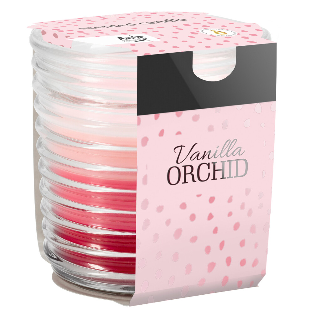 (Vanilla Orchid) Tri-Colour Scented Candle In Ribbed Glass Jar