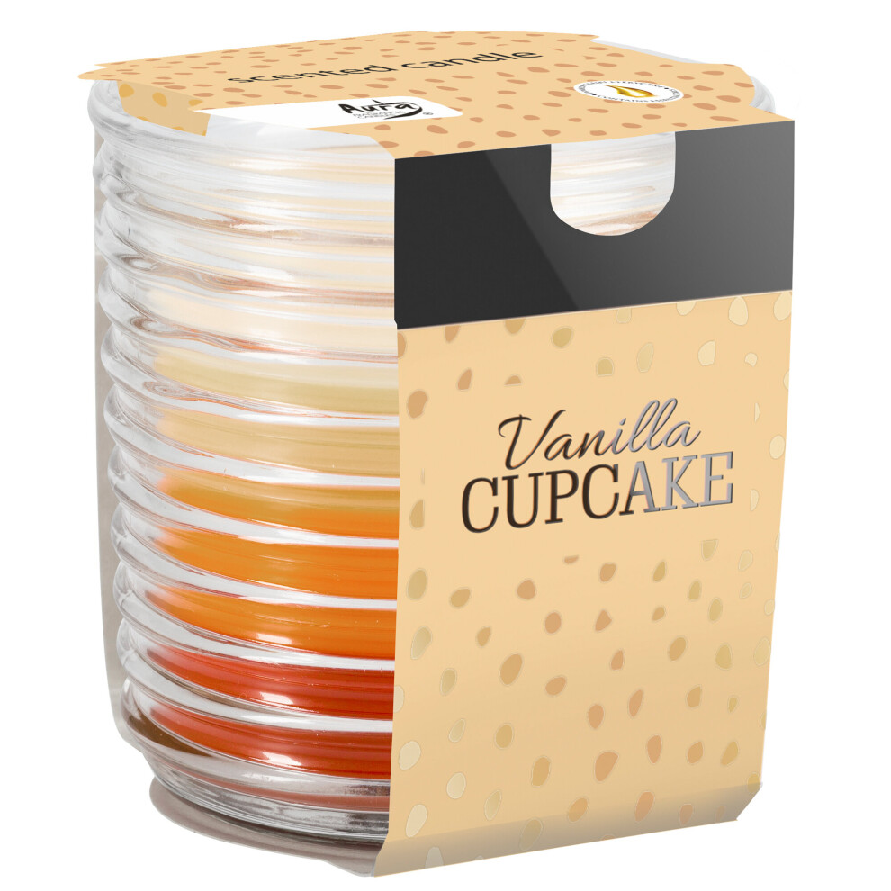 (Vanilla Cupcake) Tri-Colour Scented Candle In Ribbed Glass Jar