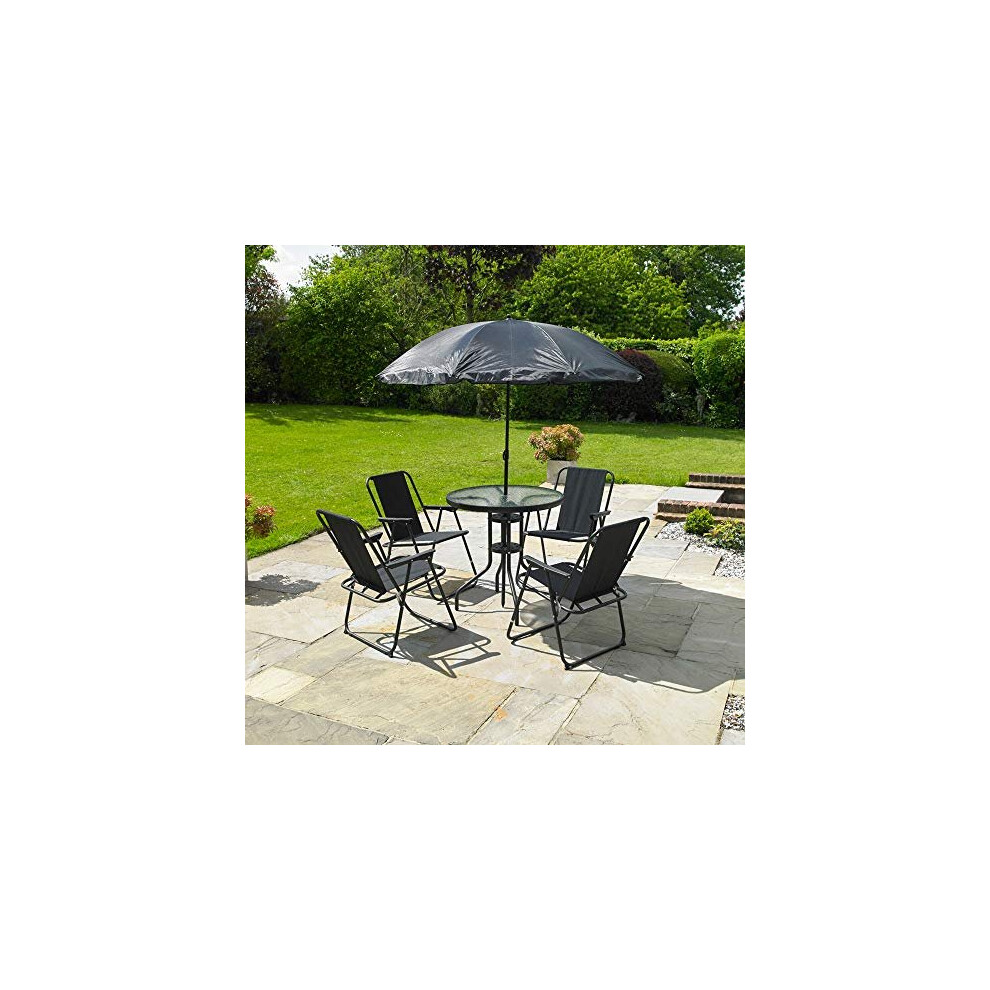 6Pc Patio Set Garden Dining Table 4x Folding Chairs And Parasol -Black