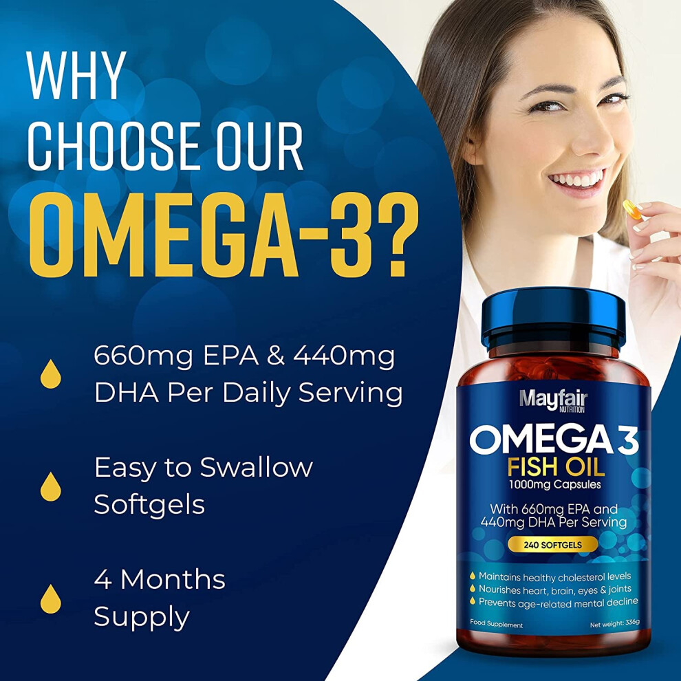 Omega 3 1000mg Capsules 240 Fish Oil with 660mg EPA 440mg DHA