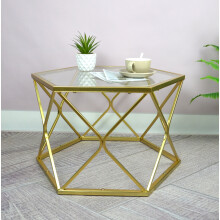 Hexagon Glass Coffee Table for Living Room with Golden Metal Frame Side End Table G-0451