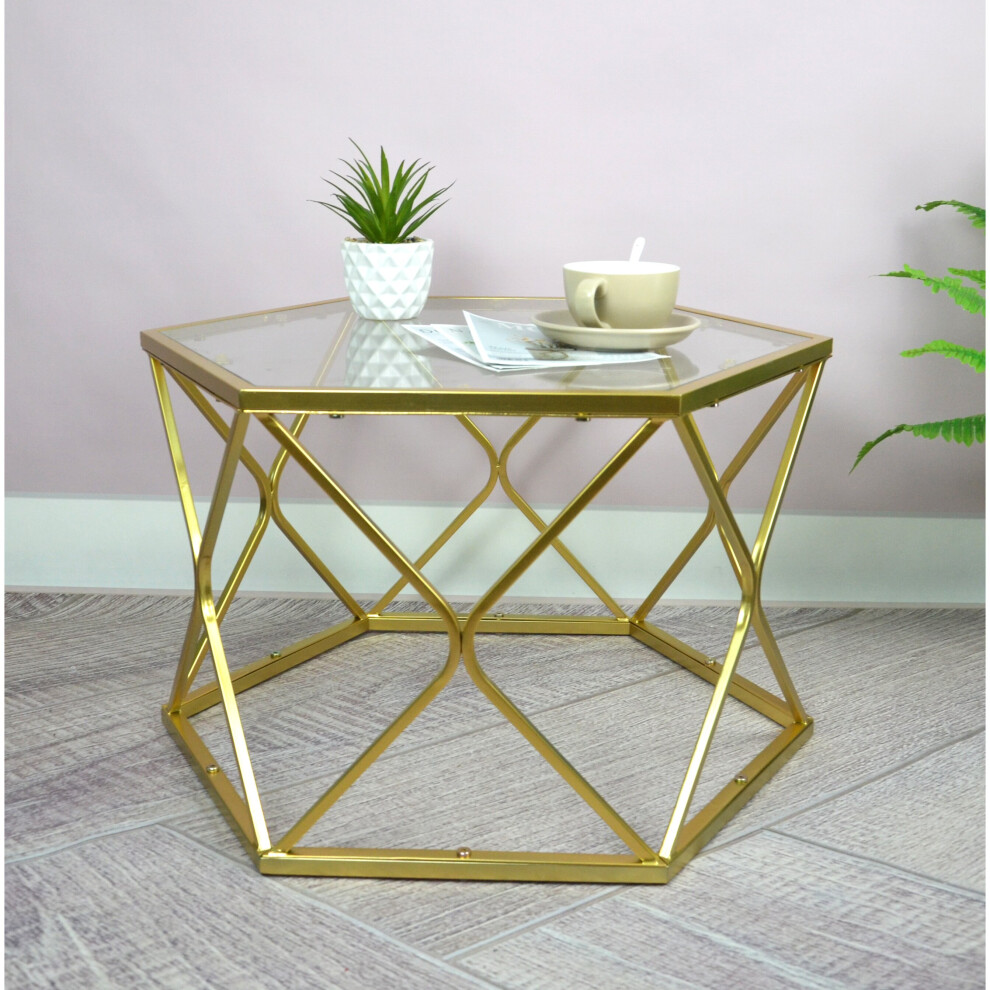 Hexagon Glass Coffee Table for Living Room with Golden Metal Frame Side End Table G-0451