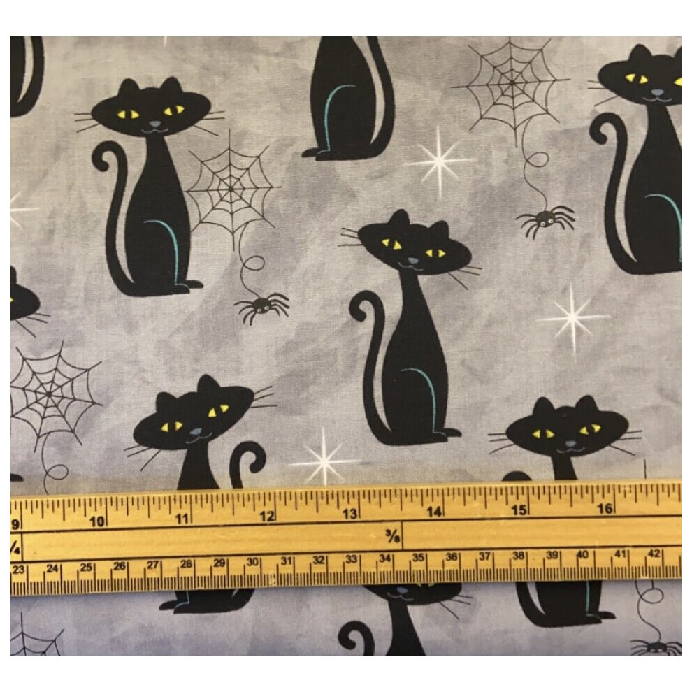 Fat Quarter Spooky Halloween Black Cat Charms Grey 100% Cotton Quilting Fabric