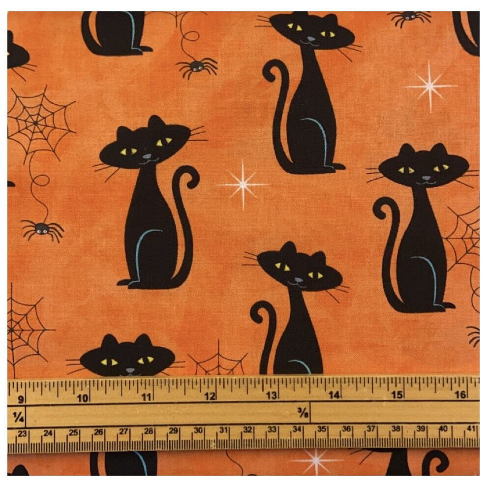 Fat Quarter Spooky Halloween Black Cat Charms Orange 100% Cotton Quilting Fabric