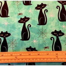 Fat Quarter Spooky Halloween Black Cat Charms Teal 100% Cotton Quilting Fabric