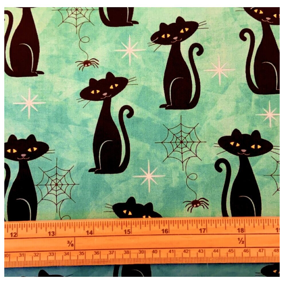 Fat Quarter Spooky Halloween Black Cat Charms Teal 100% Cotton Quilting Fabric