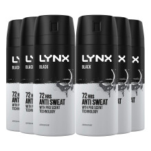 Lynx Black 72 HRS Anti-Perspirant Body Spray for Men, 6x150ml