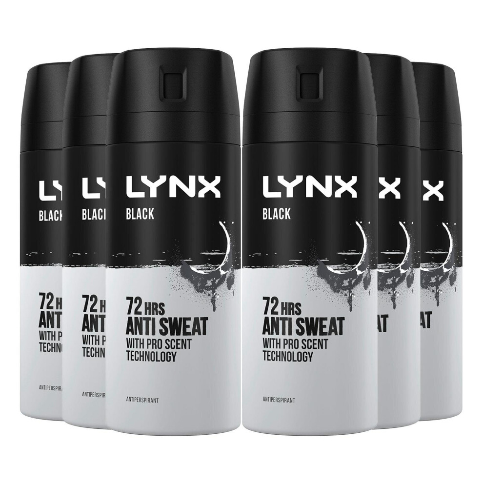 Lynx Black 72 HRS Anti-Perspirant Body Spray for Men, 6x150ml