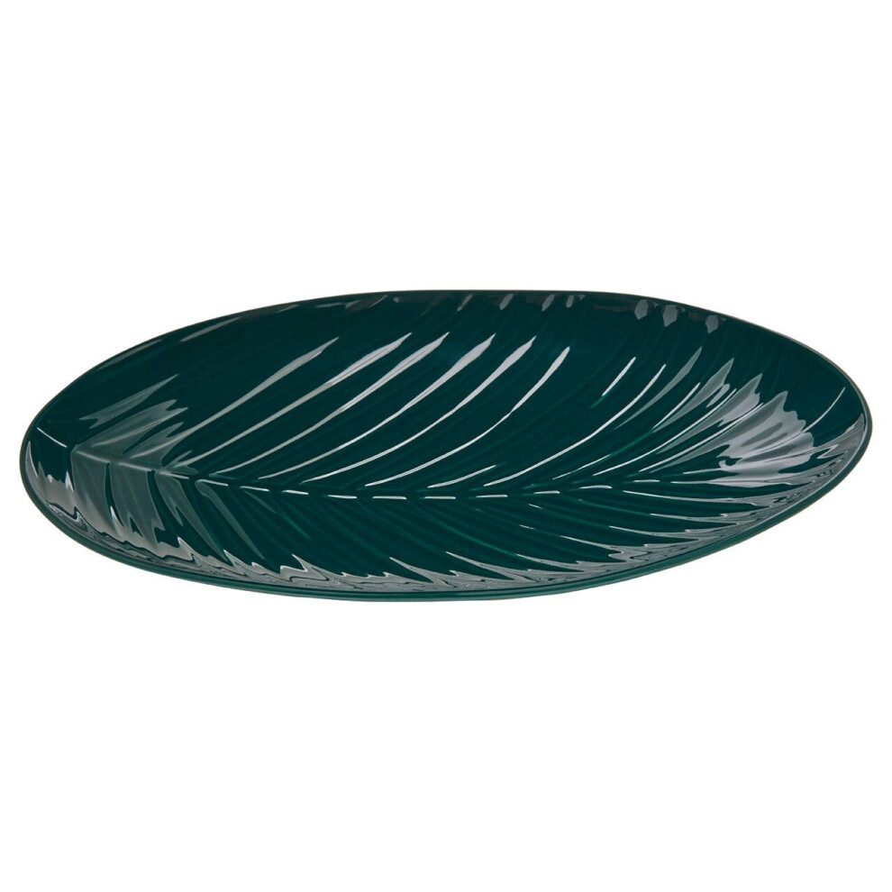 Smooth Glazed Finish Dark Green Serving Plate,Embossed Porcelain Dish,Palm Leaf Design Decorative Plate