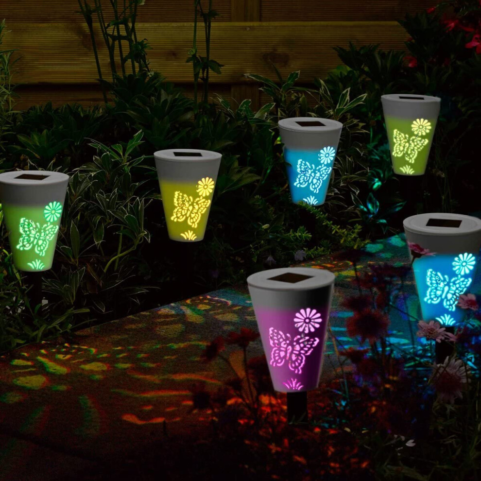 Solar Power 6x Silhouette Butterfly LED Stake Lights Colour Changing