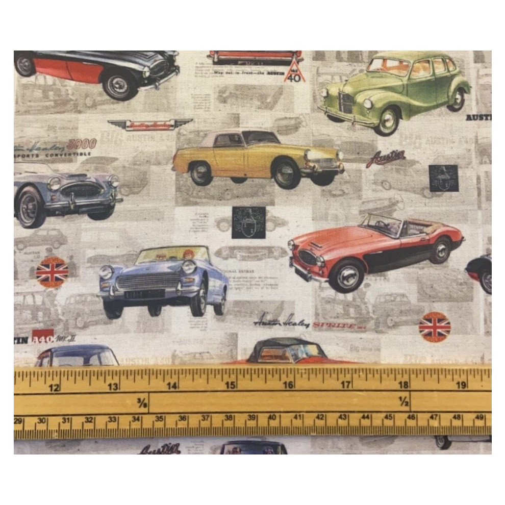 Fat Quarter Austin Healey Retro Cars Allover 100% Cotton Quilting Fabric