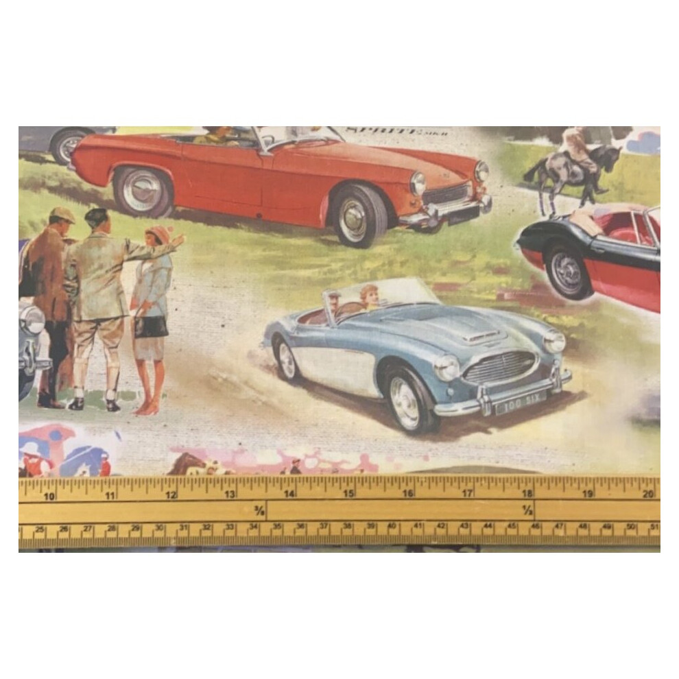 Fat Quarter Austin Healey Retro Car Scene 100% Cotton Quilting Fabric