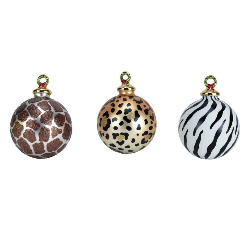Widdop Set of 3 Glass Animal Printed Christmas Baubles Tree Decorations