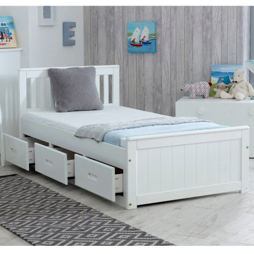 (Single) Mission Pine Wood Storage Bed In White 2