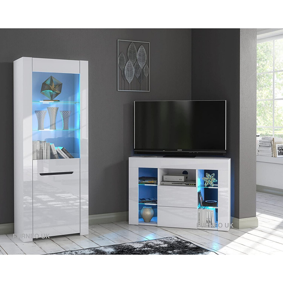 (Blue LED Lights) Gloss & Matt White Living Room Set Corner TV Stand & Display Cabinet MilVen LED Lights
