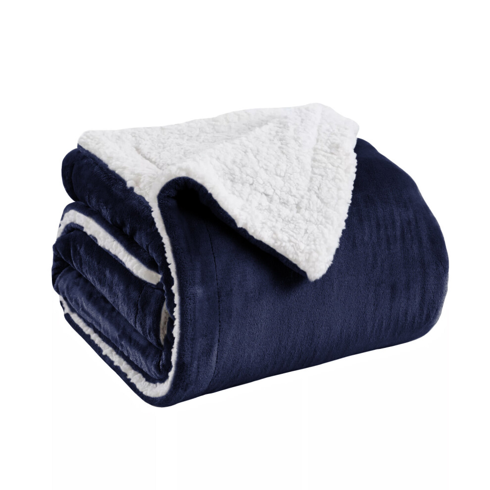 (Navy Blue, King (200 x 240 cm)) Sherpa Fleece Blanket Bed Throw Reversible Sofa Mink