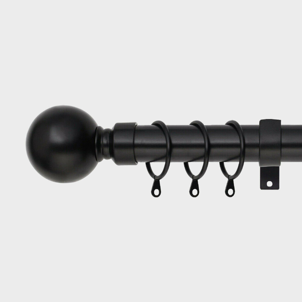 (Mat Black - Plain Ball, 160-300 cm (63" - 118" In)) Extendable Heavy Metal Curtain Pole 28mm Eyelet Rail With Rings Fittings Finials