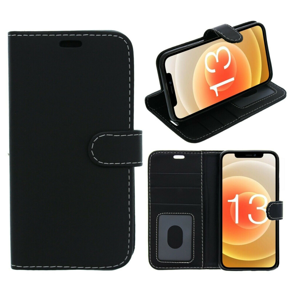 (BLACK) For Apple iPhone 13 Phone Case, Cover, Flip Wallet, Folio, Leather /Gel